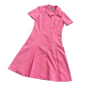 Vintage 60s Krest Original Pink Collared Button Front Mod Dress Pleated Midi Med